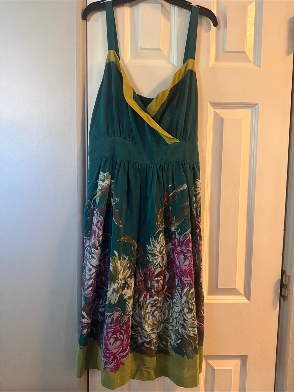 Maeve Teal Midi Dress with Yellow Trim and Floral Skirt 100% Silk